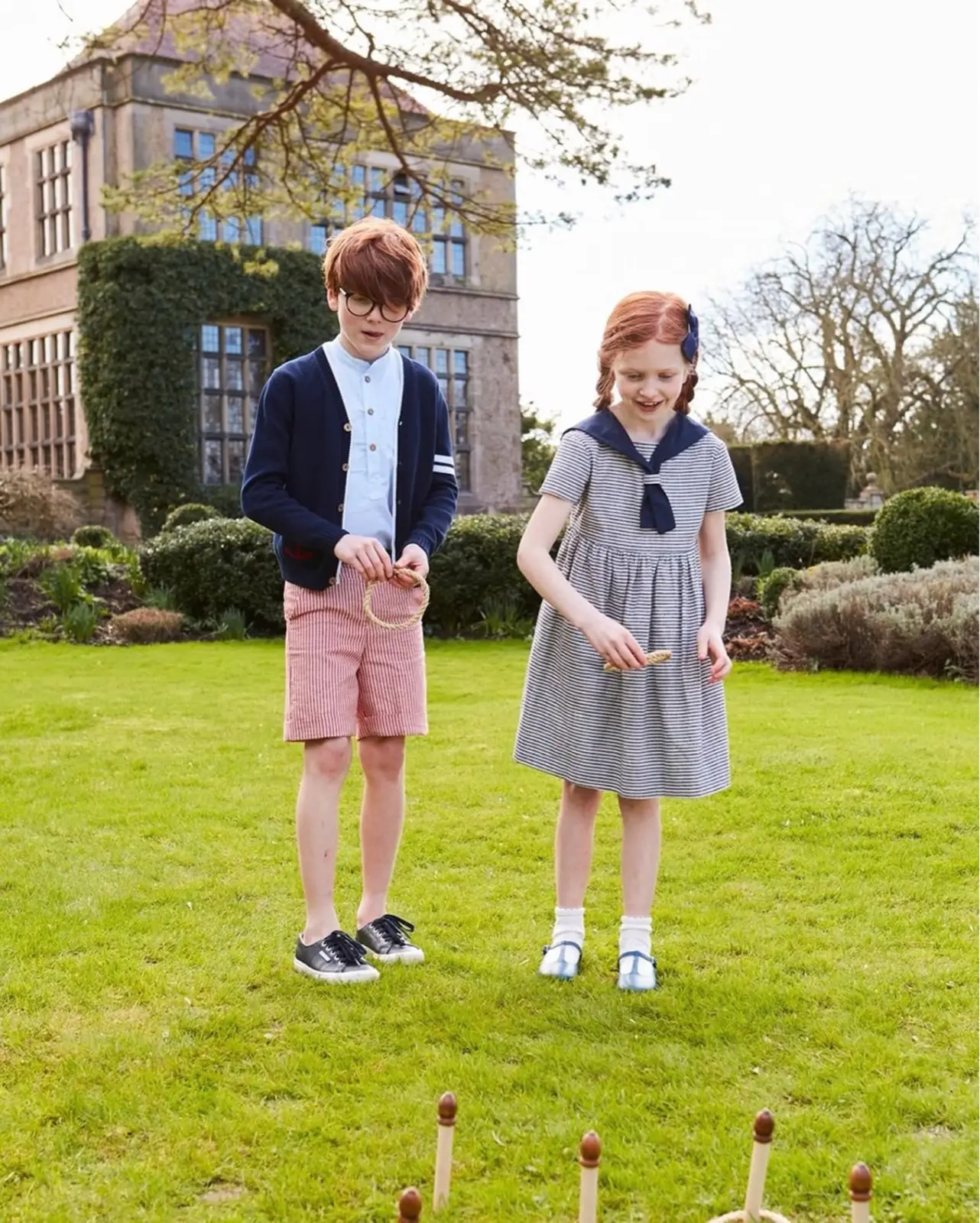 Navy Style Lapel Cotton And Linen Short-Sleeved Sister And Brother Outfit