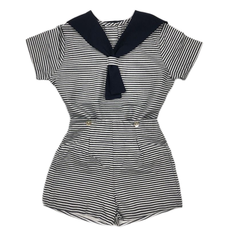 Navy Style Sailor Collar Cotton Linen Short-Sleeve Children's Outfit