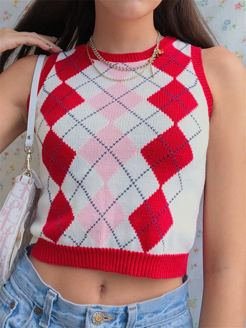 European and American Women's Pullover Check Color Contrast Slim Short Sweater