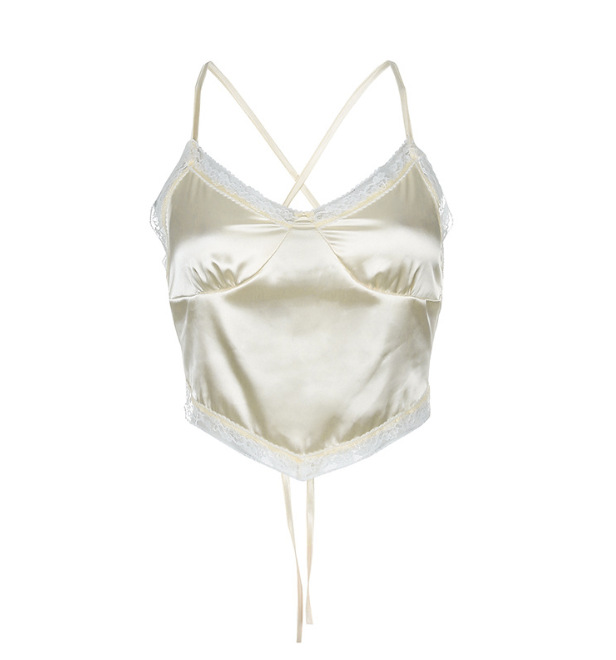 Sexy Open Back Lace Satin V neck Camisole Apricot - Shop at LoveMi