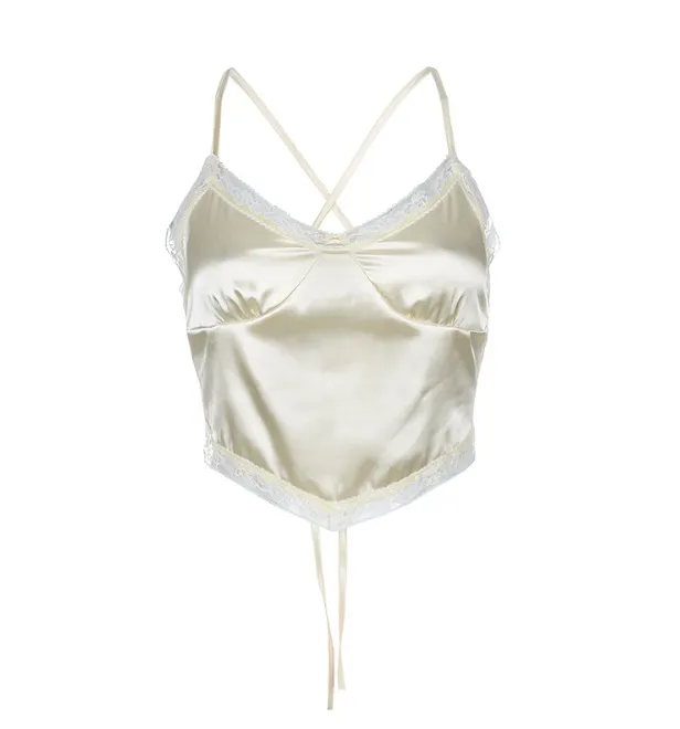 Sexy Open Back Lace Satin V neck Camisole Apricot - Shop at LoveMi