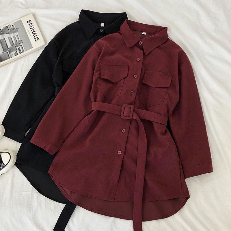 Fashion Corduroy Loose Waist Mid-Length Shirt Skirt