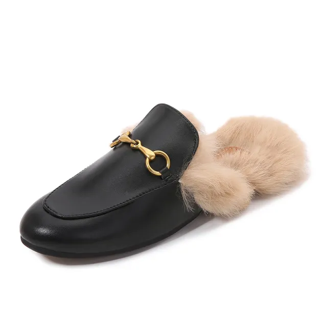 Flat Bottomed Round Toe Autumn And Winter Women's Slippers Classic Horsebit Rabbit Fur Loafers Black - Shop at LoveMi