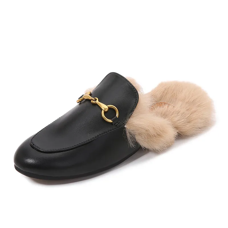 Flat-Bottomed Round Toe Autumn And Winter Women's Slippers Classic Horsebit Rabbit Fur Loafers - Black