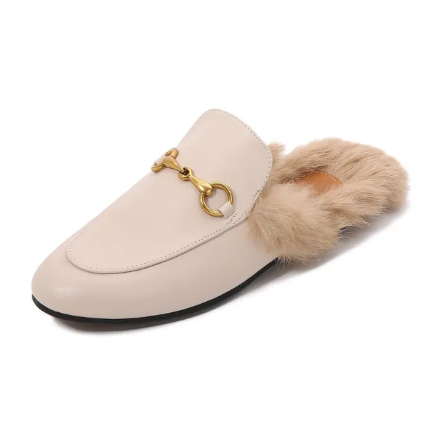 Flat Bottomed Round Toe Autumn And Winter Women's Slippers Classic Horsebit Rabbit Fur Loafers Beige - Shop at LoveMi