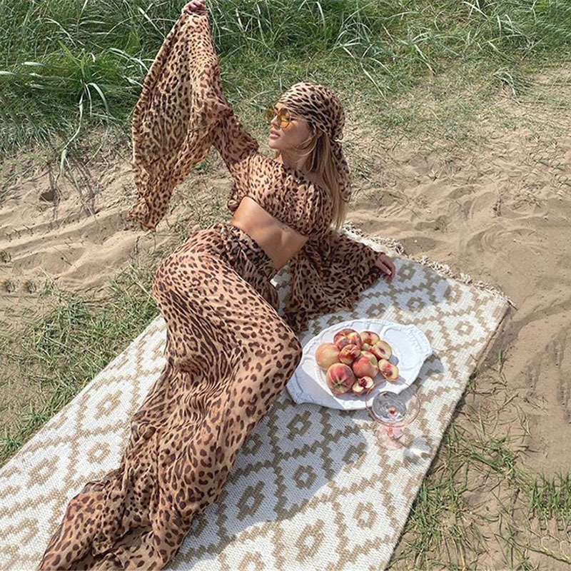 Sexy See-Through Leopard Print Backless Tube Top Two-Piece Suit