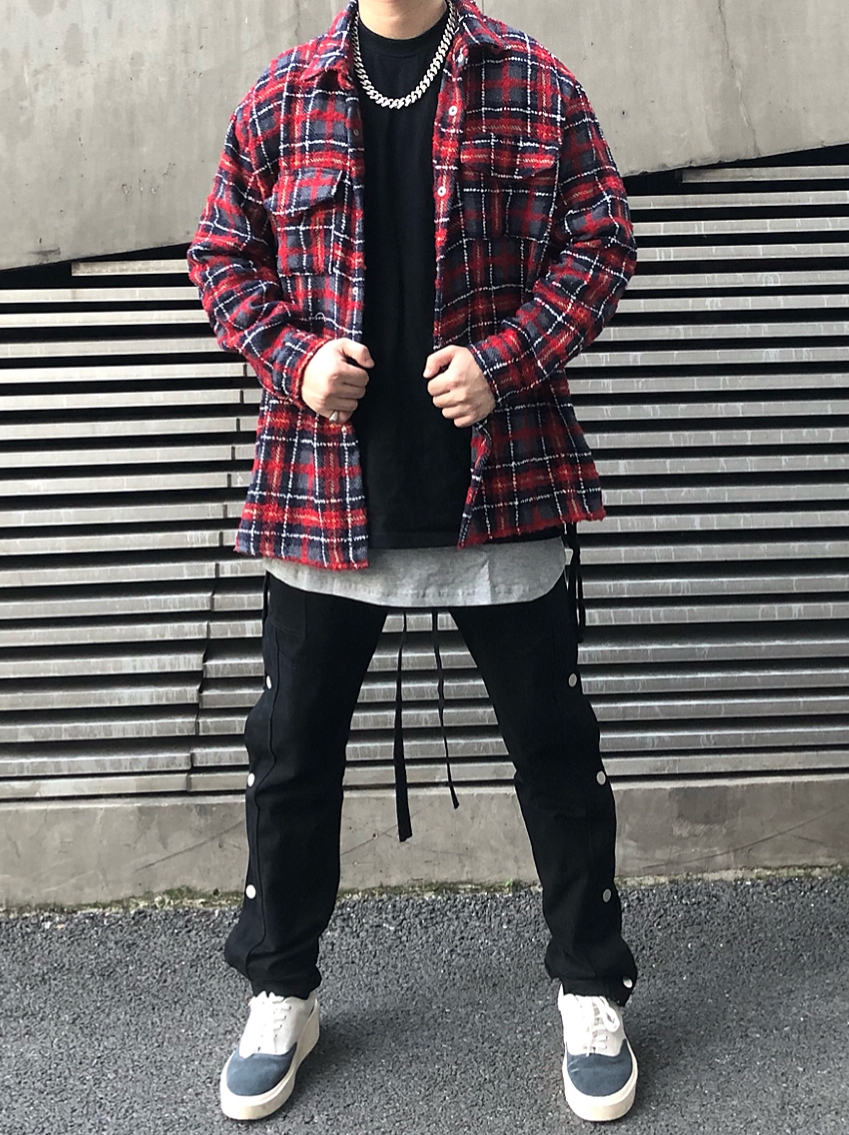 Red Woolen Plaid Shirt With Strappy Rope