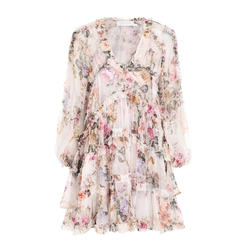 Sweet Floral Wood Ear Lantern Sleeve V-neck Dress
