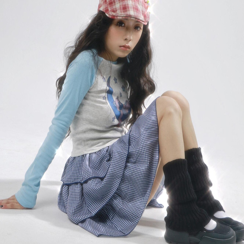 Blue and White Plaid Cake Skirt Short Skirt All-match