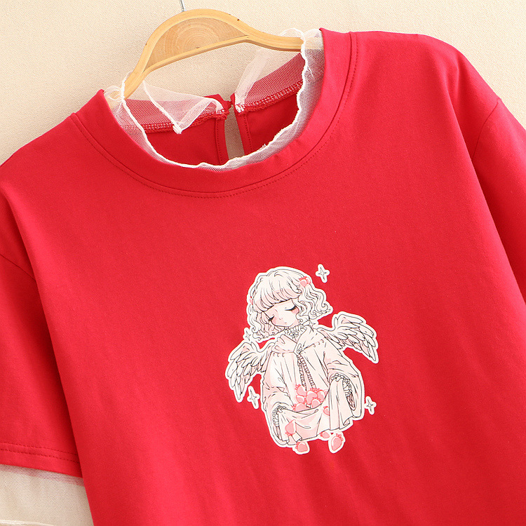 Mesh Fake Two-Piece Round Neck T-Shirt Short-Sleeved Top