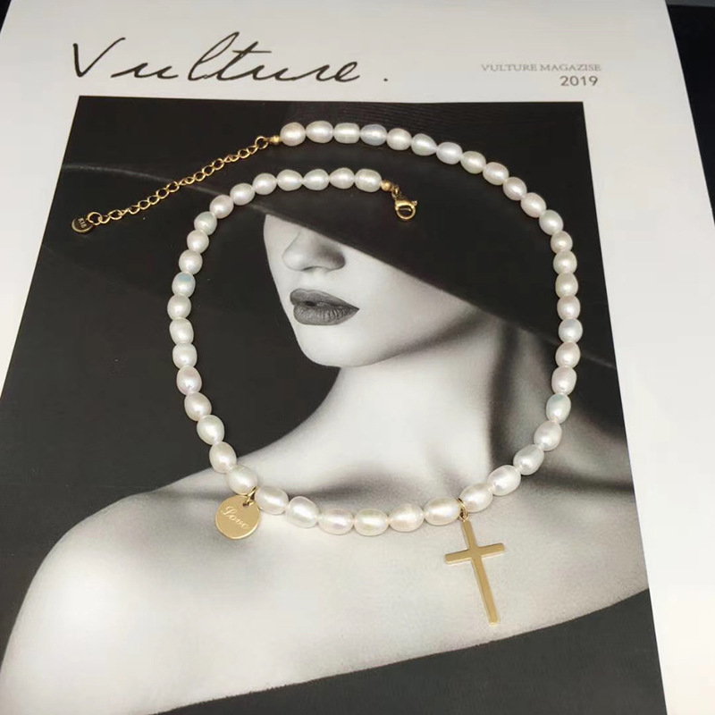 Natural Freshwater Pearl Cross Necklace Choker Net Red Same Necklace