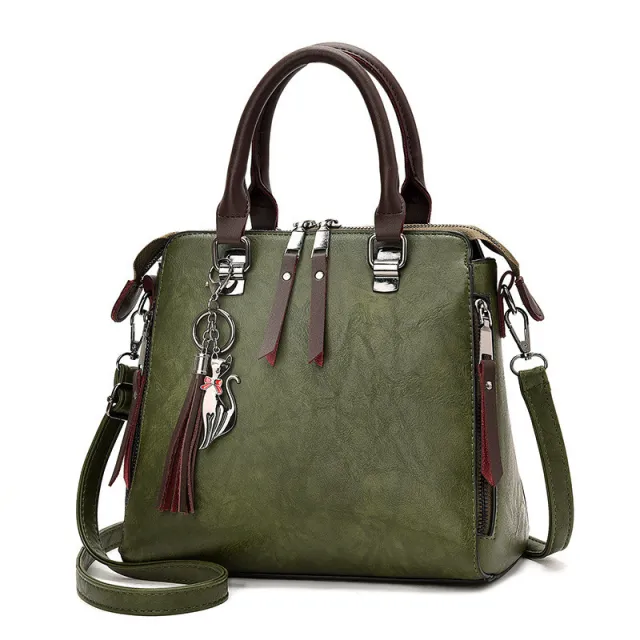 Vintage Handbag Women PU Leather Tassel Top handle Bag Fashion Lady Tote Luxury Large Capacity Shoulder Bag Green - Shop at LoveMi