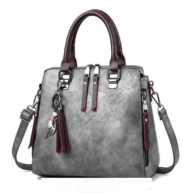 Vintage Handbag Women PU Leather Tassel Top handle Bag Fashion Lady Tote Luxury Large Capacity Shoulder Bag Grey - Shop at LoveMi