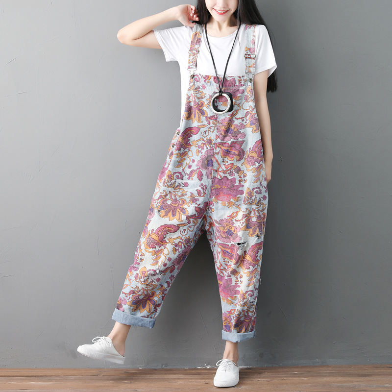 Ethnic Style Distressed Plus Sze Denim Overalls