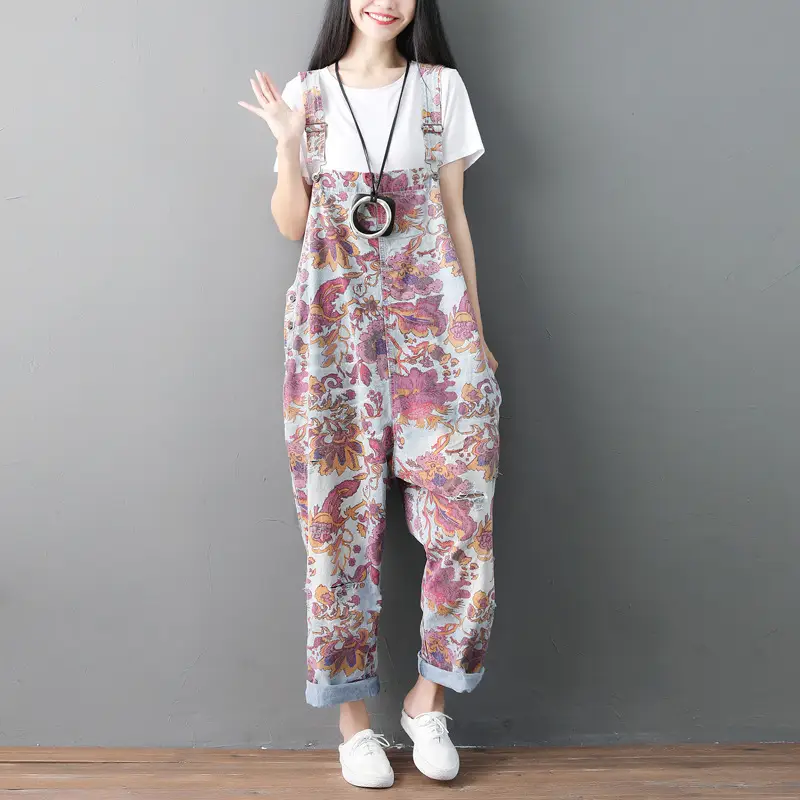 Ethnic Style Distressed Plus Sze Denim Overalls