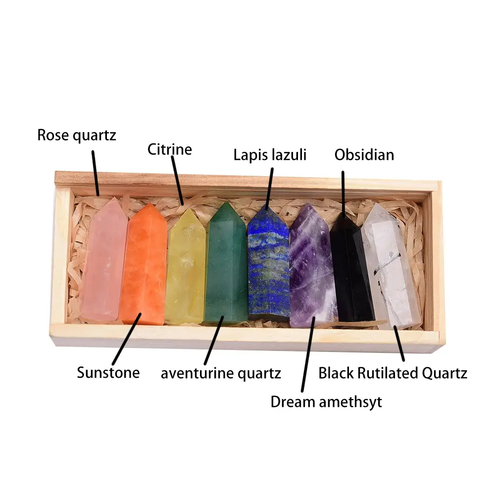 Donghai Natural Crystal Single Pointed Column Set Eight Color Wooden Box
