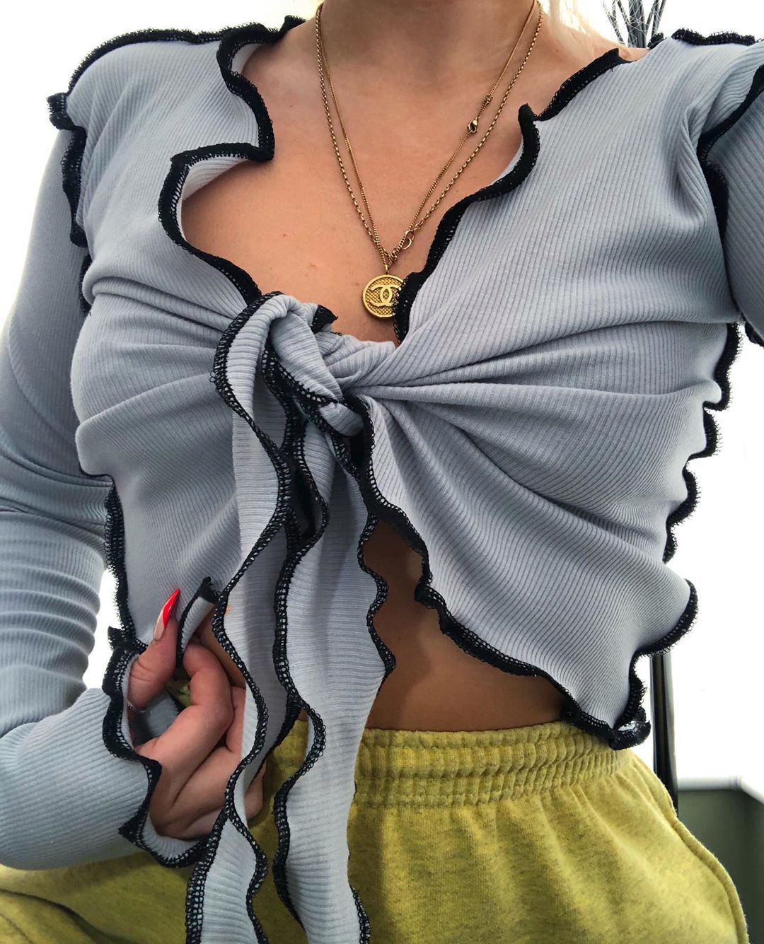 Ladies V-neck Tie Long Sleeve T-Shirt Top with Frayed Edges