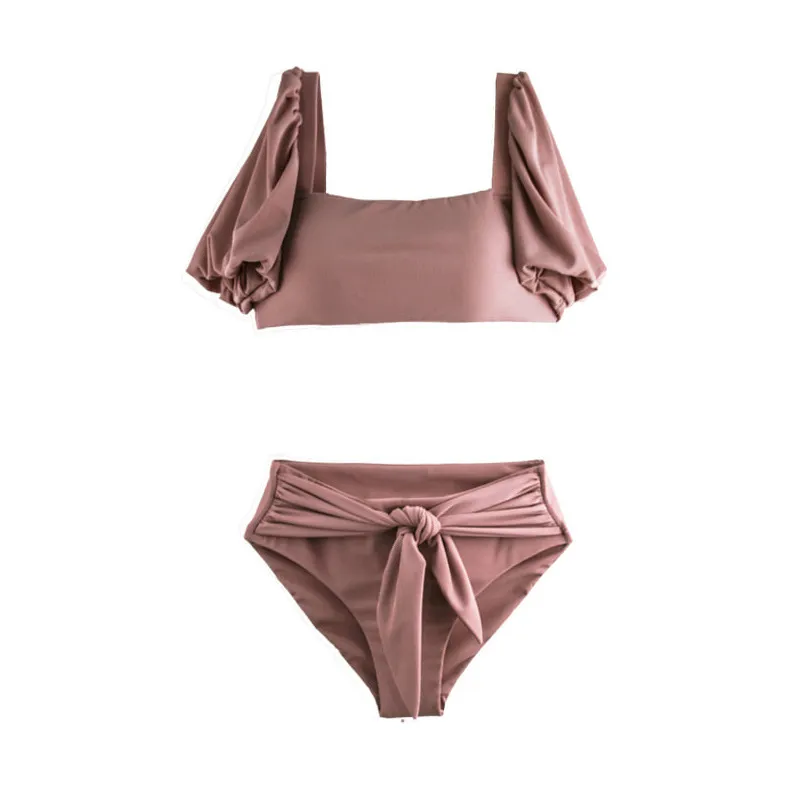 Split High Waist Belt Sleeves Cover Arm Women Swimsuit - Pink