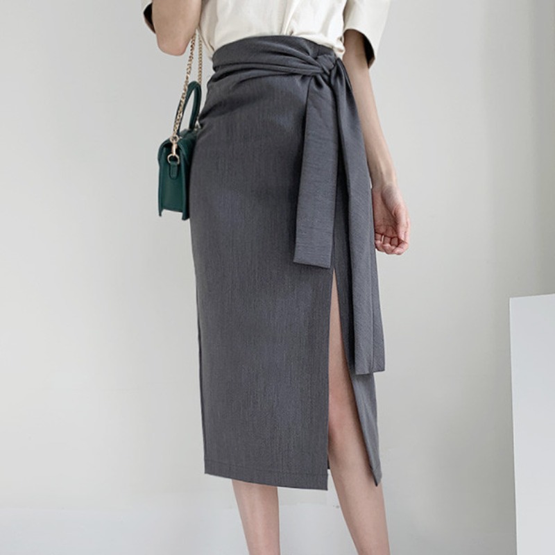 Title 5, A-line mid-length slit high waist bag hip skirt...