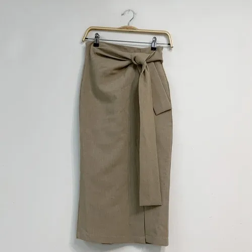 A line Mid length Slit High Waist Bag Hip Skirt Khaki - Shop at LoveMi