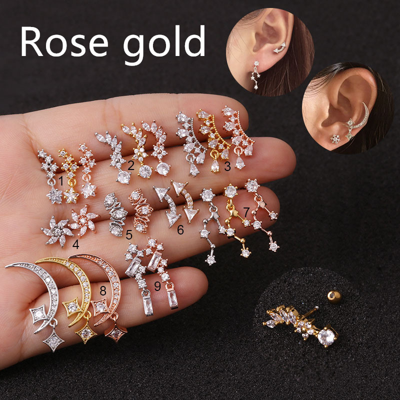 Korean Style Five-Pointed Star Zircon Earrings Stainless Steel Piercing Ear Bone Nails
