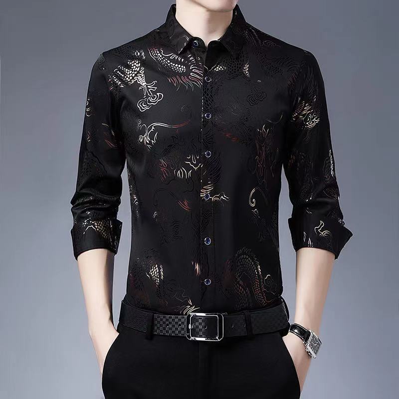 Dragon Print Lapel Slim Long Sleeve Shirt