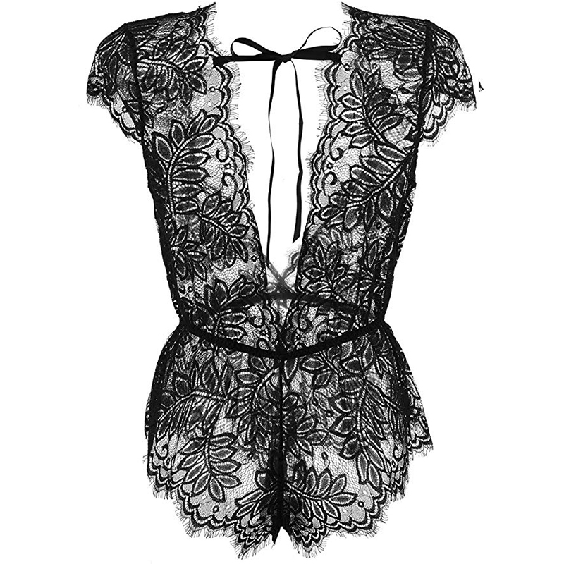 Title 6, Hollow Leaf Flower Eyelash Lace One-piece Pajamas