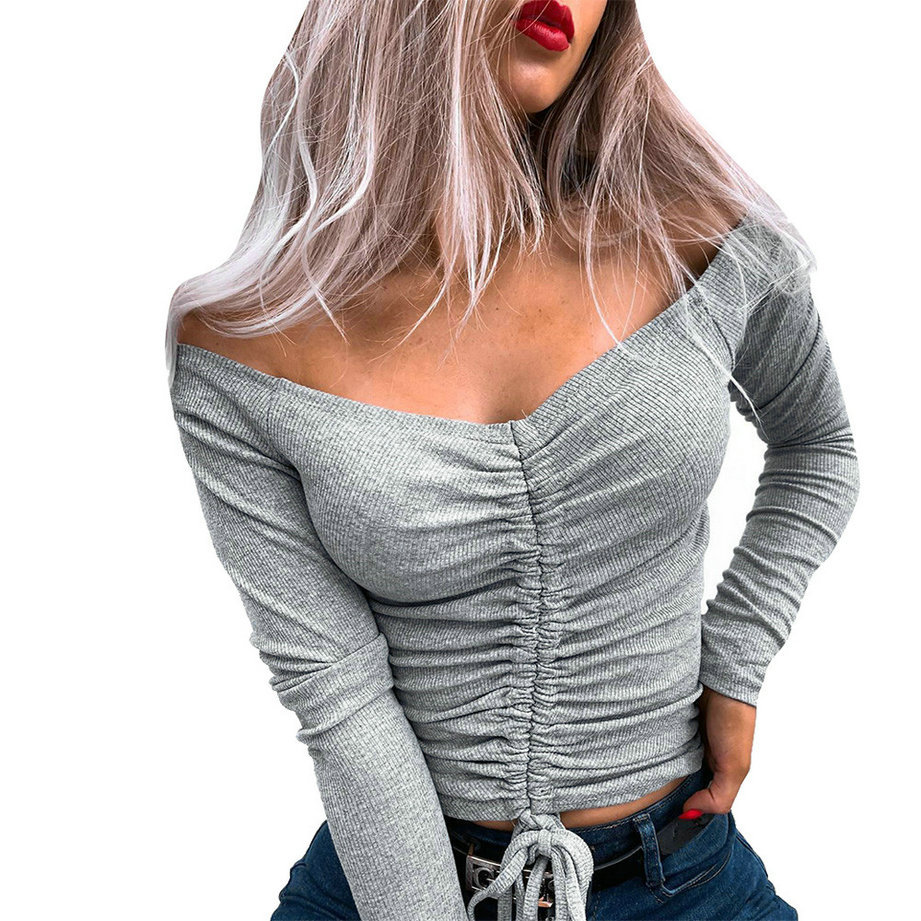 Ladies Sexy Low Cut Drawstring Long Sleeved T Shirt
