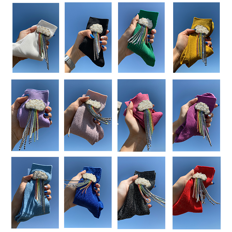 Seven-Color Rainbow Bright Silk Beaded Handmade Women's Socks