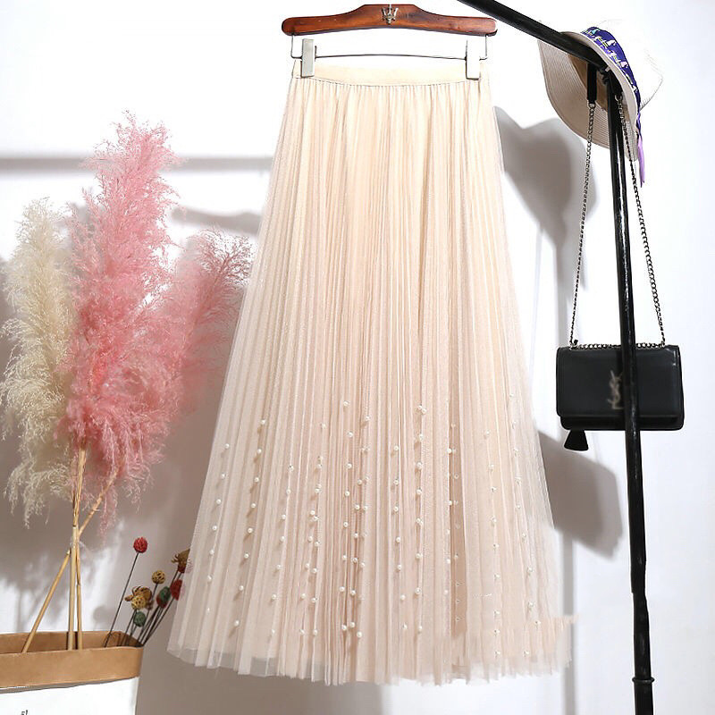 Mesh Skirt New Pleated Skirt Pure Color Sweet And Beaded Female Large Swing Skirt