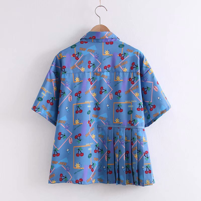 Retro Childlike Cherry Print Pleated Short-sleeved Chiffon Shirt