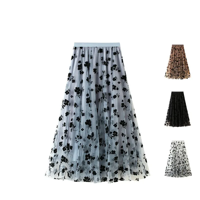 Thin Drape Pleated Skirt Flocking Mesh Women
