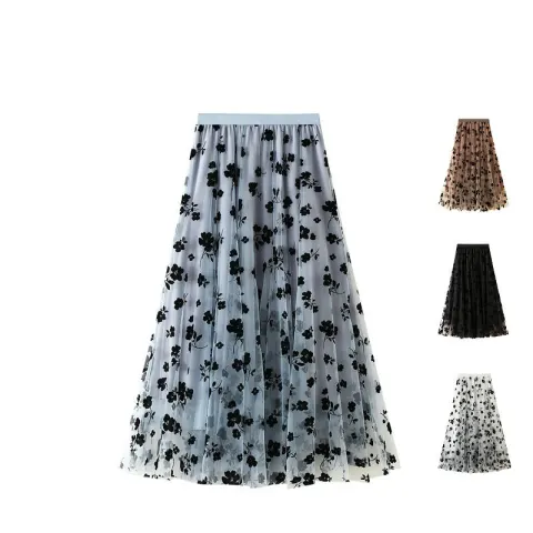 Thin Drape Pleated Skirt Flocking Mesh Women