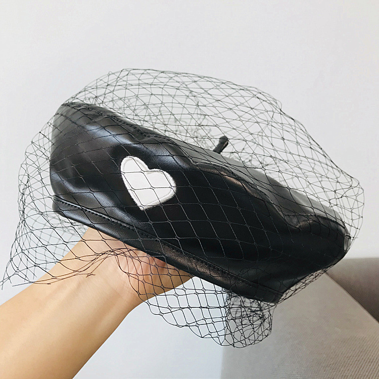 PU Leather NetYarn Love Street Women Retro Casual Beret FashionHat