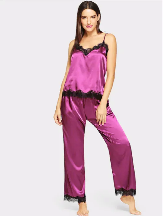 Pajamas Simulation Silk Summer Long Pajamas Two Piece Suit Rose Red - Shop at LoveMi