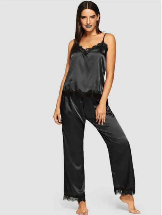 Pajamas Simulation Silk Summer Long Pajamas Two Piece Suit Black - Shop at LoveMi