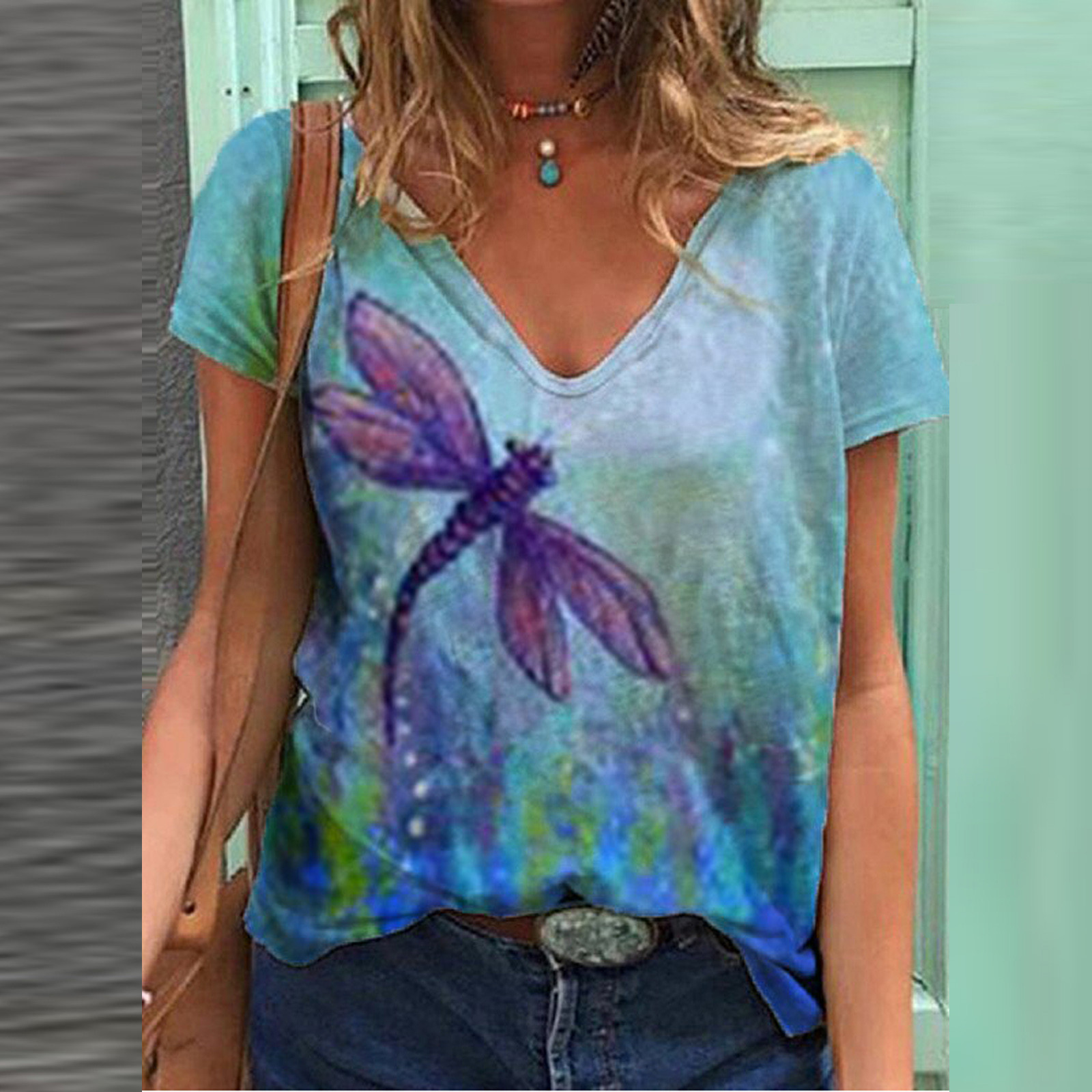Tie-dye Printed T-shirt Women's V-neck Short-Sleeved T-shirt