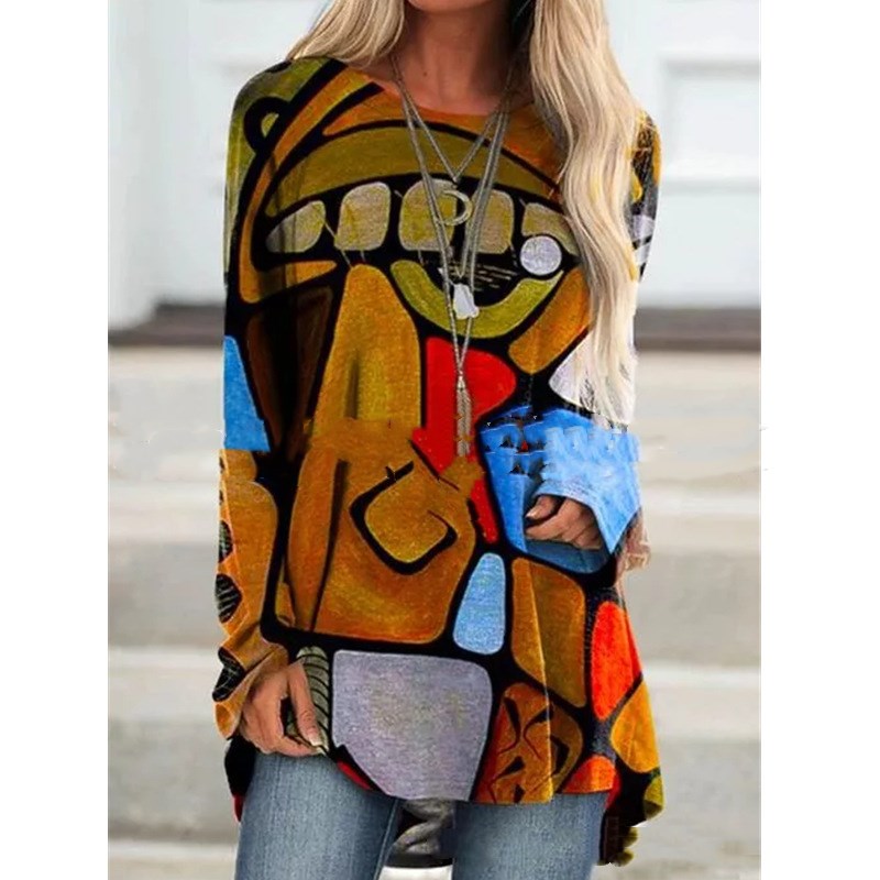 Round Neck Digital Printing Long-sleeved T-shirt Top