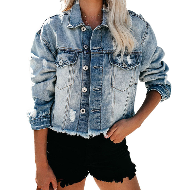 Ladies Denim Jacket Washed Denim Jacket Blue - Shop at LoveMi