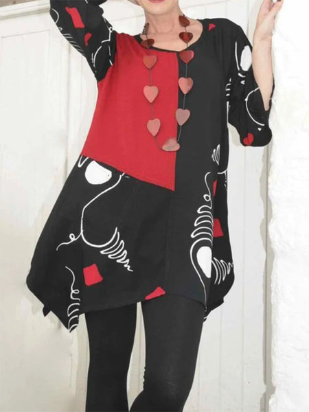 Round Neck long Sleeve Loose Irregular Hem Print Top