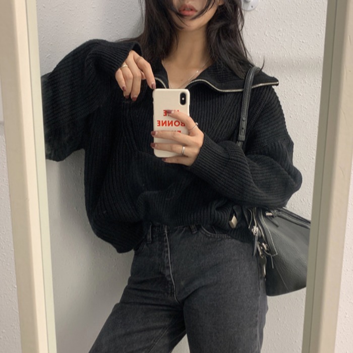 Half High Neck Zipper Lazy Bat Sleeve Short SweaterCoat