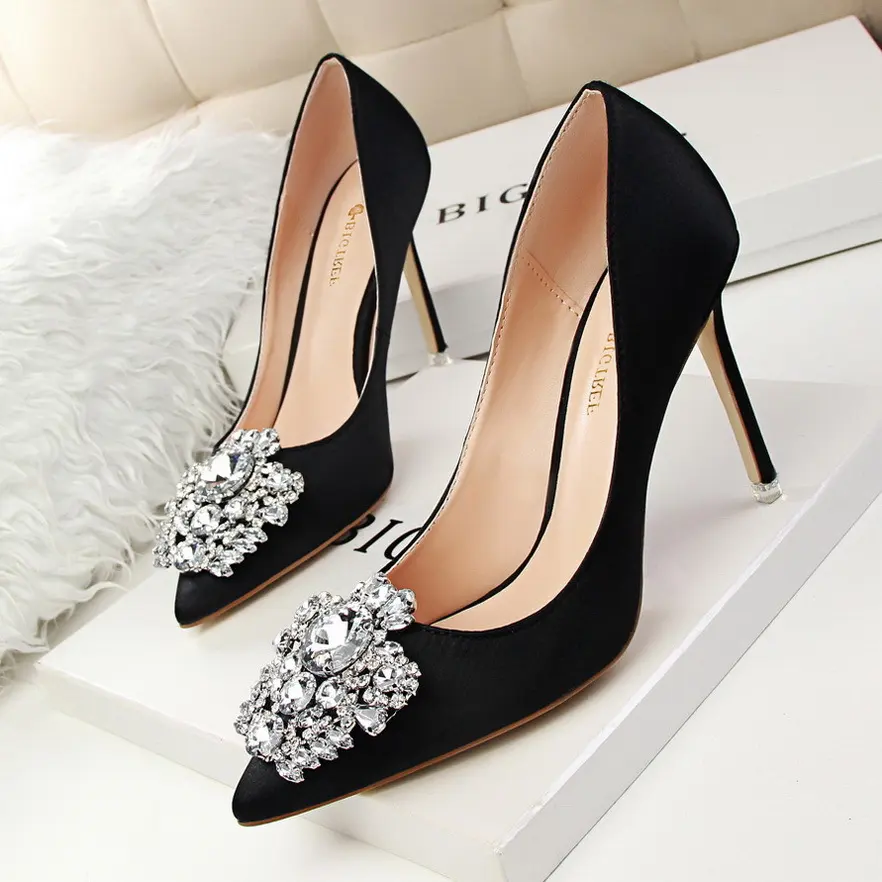 Black High Heels Women Stiletto Professional Leather Shoes Pointed