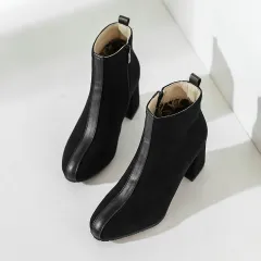 Square Toe Thick Heel Short Boots Women All Match Suede Martin Boots - Black - View 1
