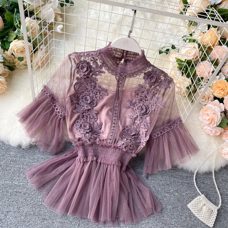 Flower Trumpet Sleeve Waist Lotus Leaf Swing Temperament Stand-Up Collar Mesh Two-Piece Suit