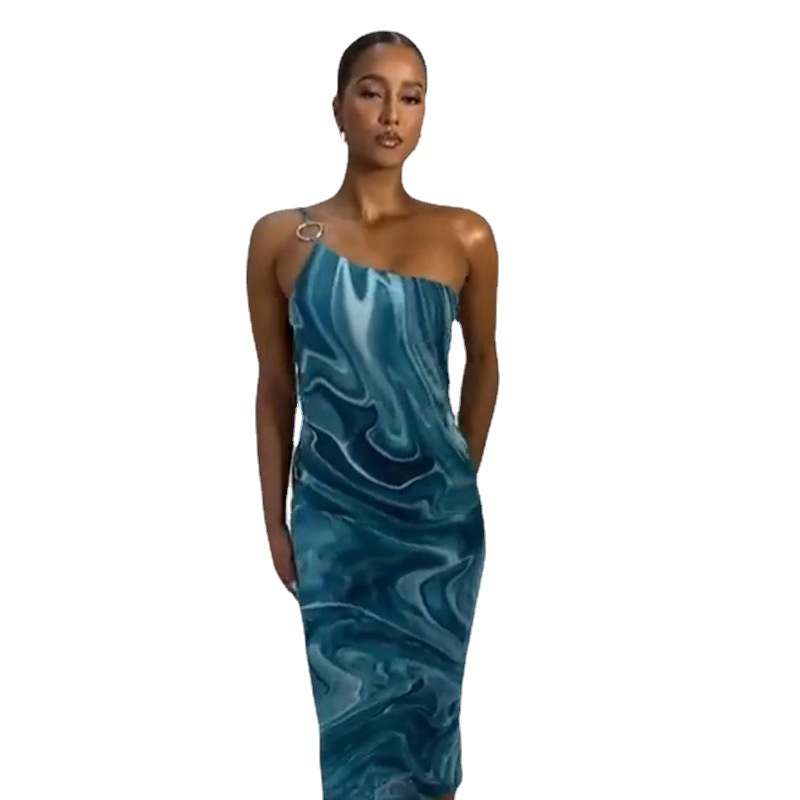 Printed Sleeveless Mid-LengthPackage Hip Skirt One-Way Neck Blue Wrap Breast Dress