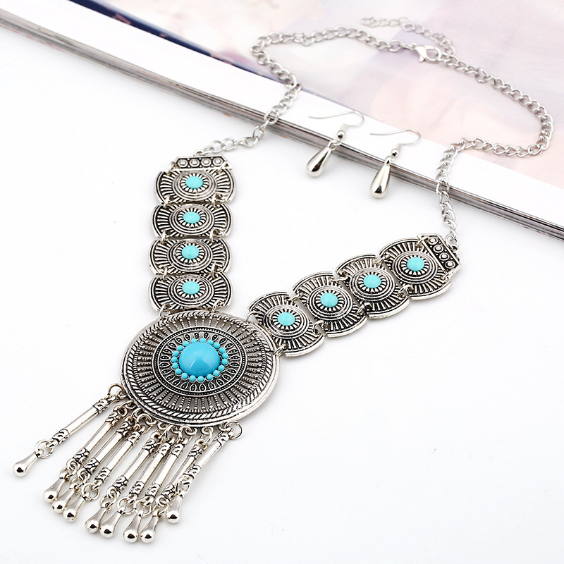 Retro Water Drop Tassel Necklace, Round Gemstone Hollow Diamond Necklace Foreign Trade Jewelry Wholesale