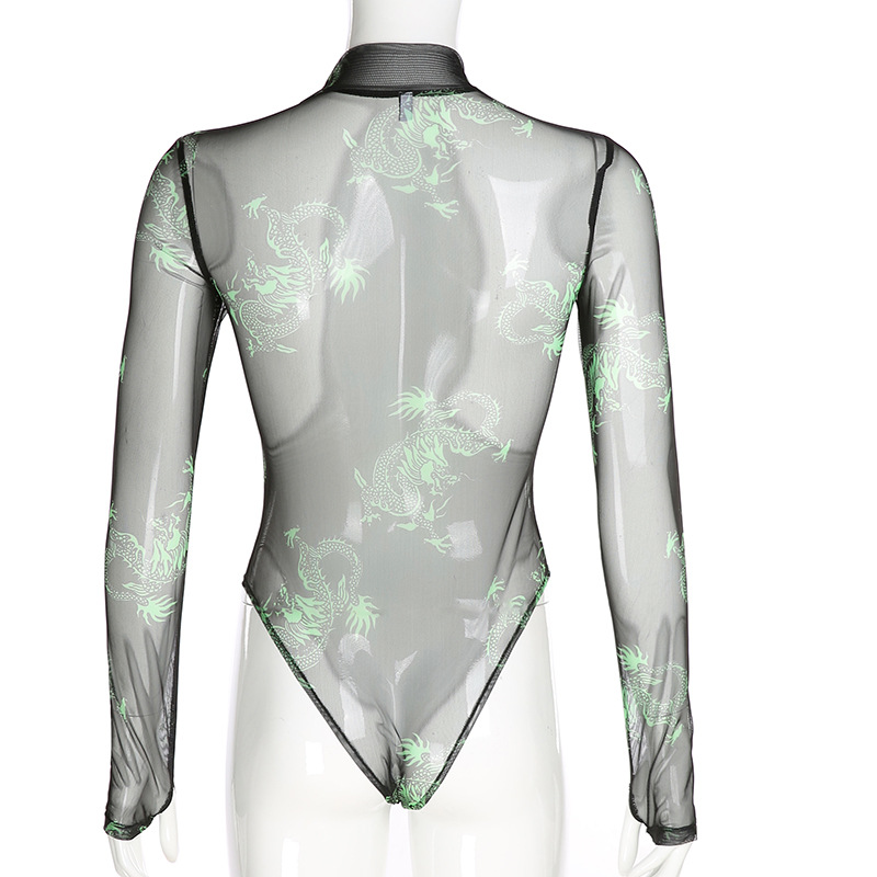Slim Dragon Print Net Gauze Cutout Bodysuit