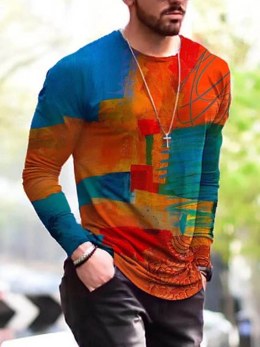 Men's T-shirt Contrast Drawing Printed Long Sleeve
