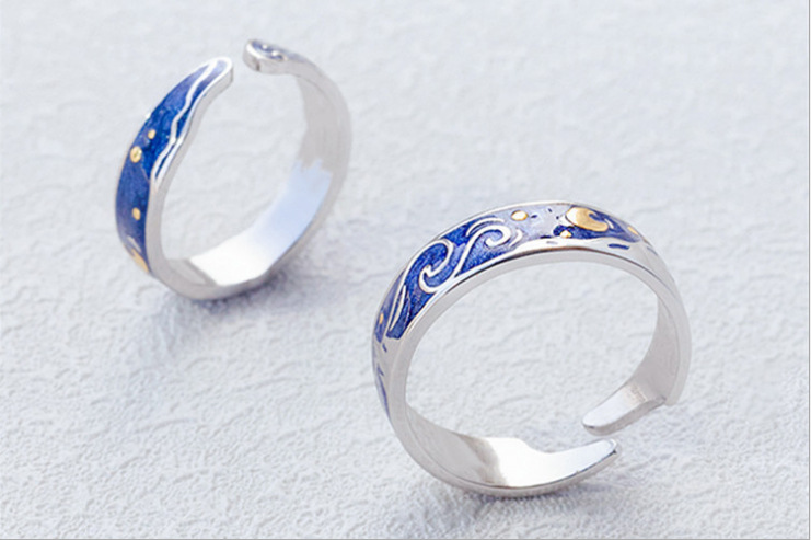 Van Gogh Starry Sky Couple Ring Female Korean Fashion Elegant Sea Blue Hand Ornament Adjustable Ring