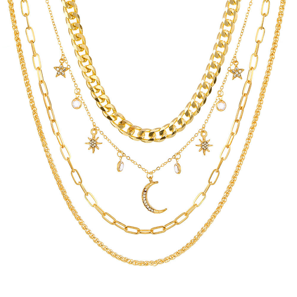 Korean Jewelry World Retro Moon Moon Star Crystal Multilayer Pendant Chain Necklace Cross-Border Exclusive Necklace